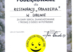 Akcja PDPZ - podziękowanie dla Restauracji Oranżeria